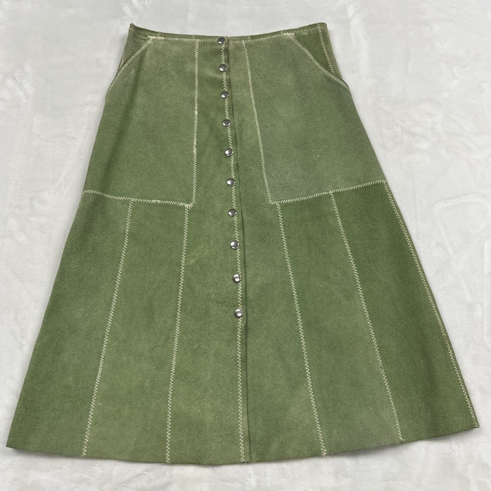Vintage Suede Midi Skirt Womens Green Snap Front Contrast Stitch A-Line